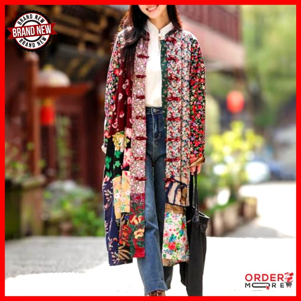 Oversized Cotton Linen Patchwork Jacket Raglan Sl… - image 5